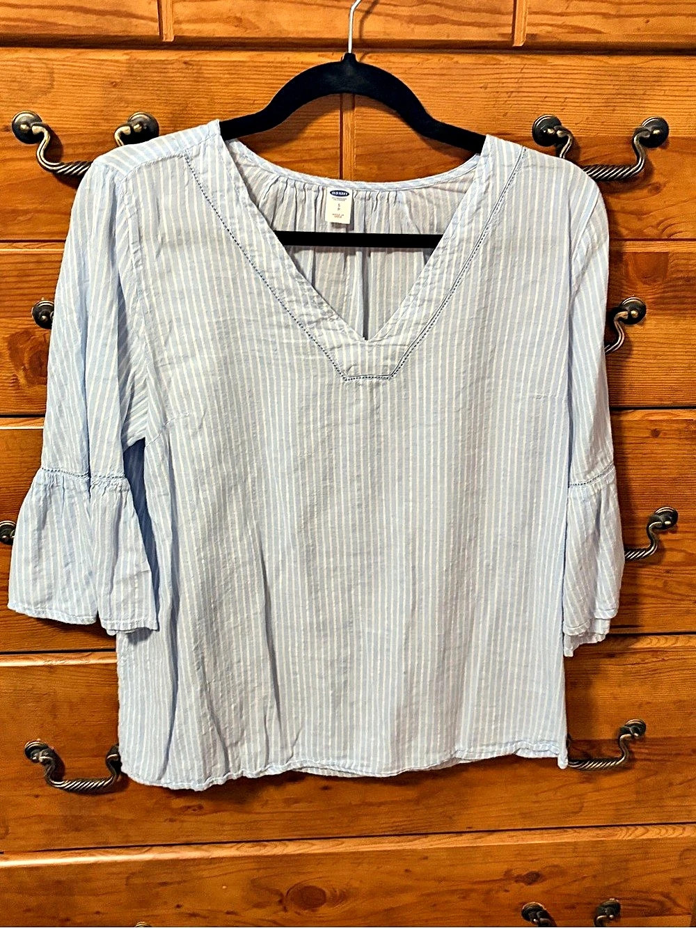 Old Navy Blue & White Striped V-Neck Blouse